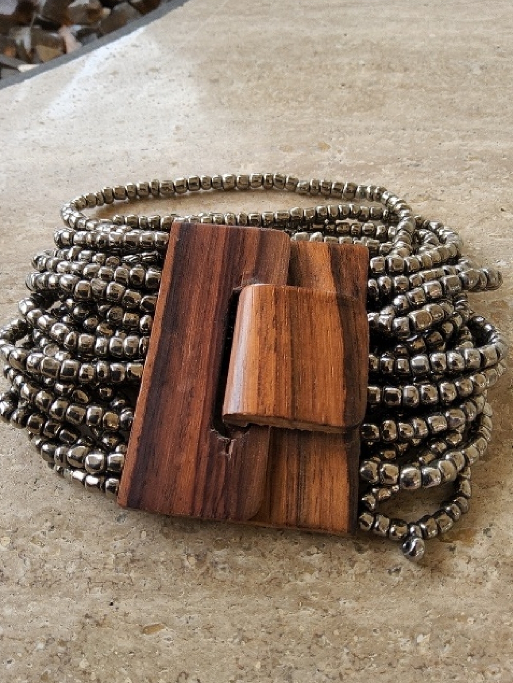 Multi-Strand Silver Bead Bracelet with Wooden Clasp
